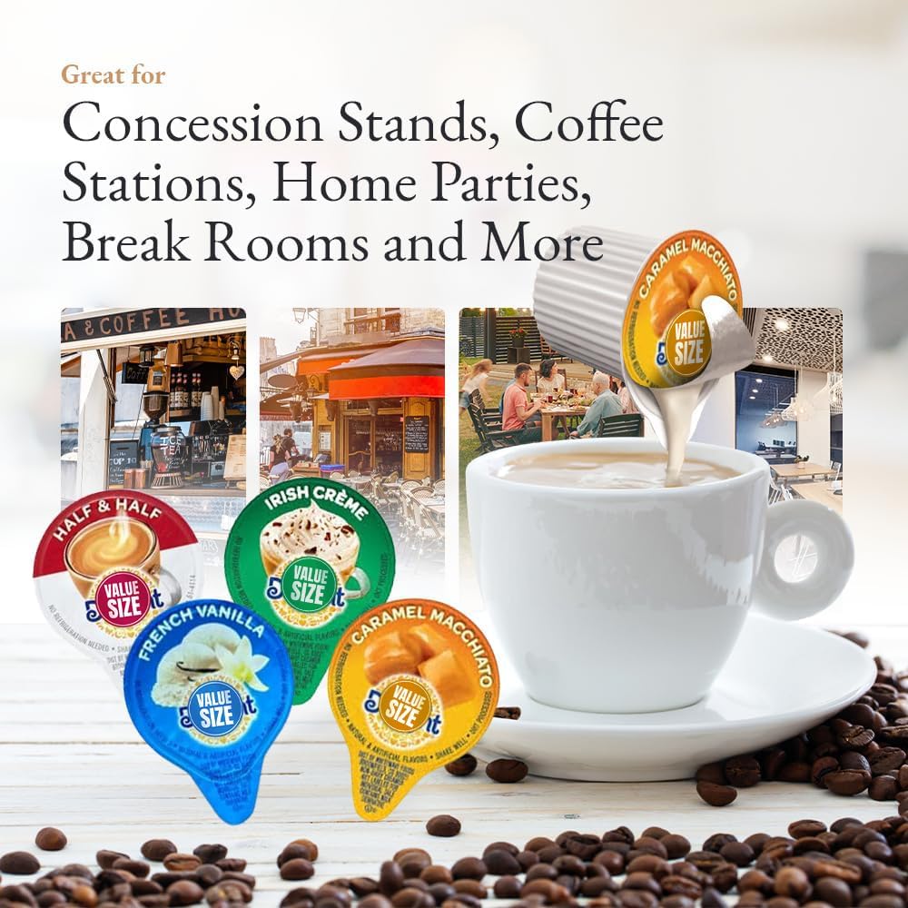Easypack Coffee Creamer Liquid Singles Delight Caramel Macchiato, French Vanilla, Irish Cream And Lakes Mini Moo'S Half And Half