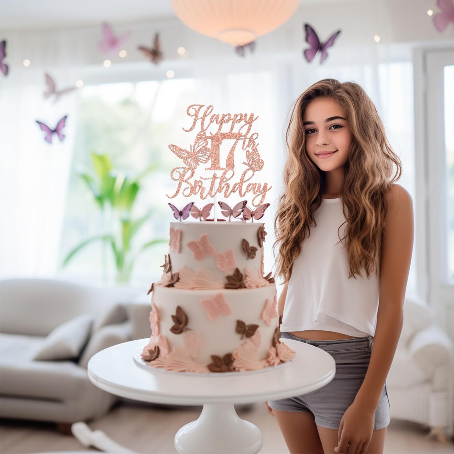 We Can Bearly Wait Rose Gold Glitter Cake Topper, Happy 17th Birthday, Butterfly Theme, Paper Decoration for Girls