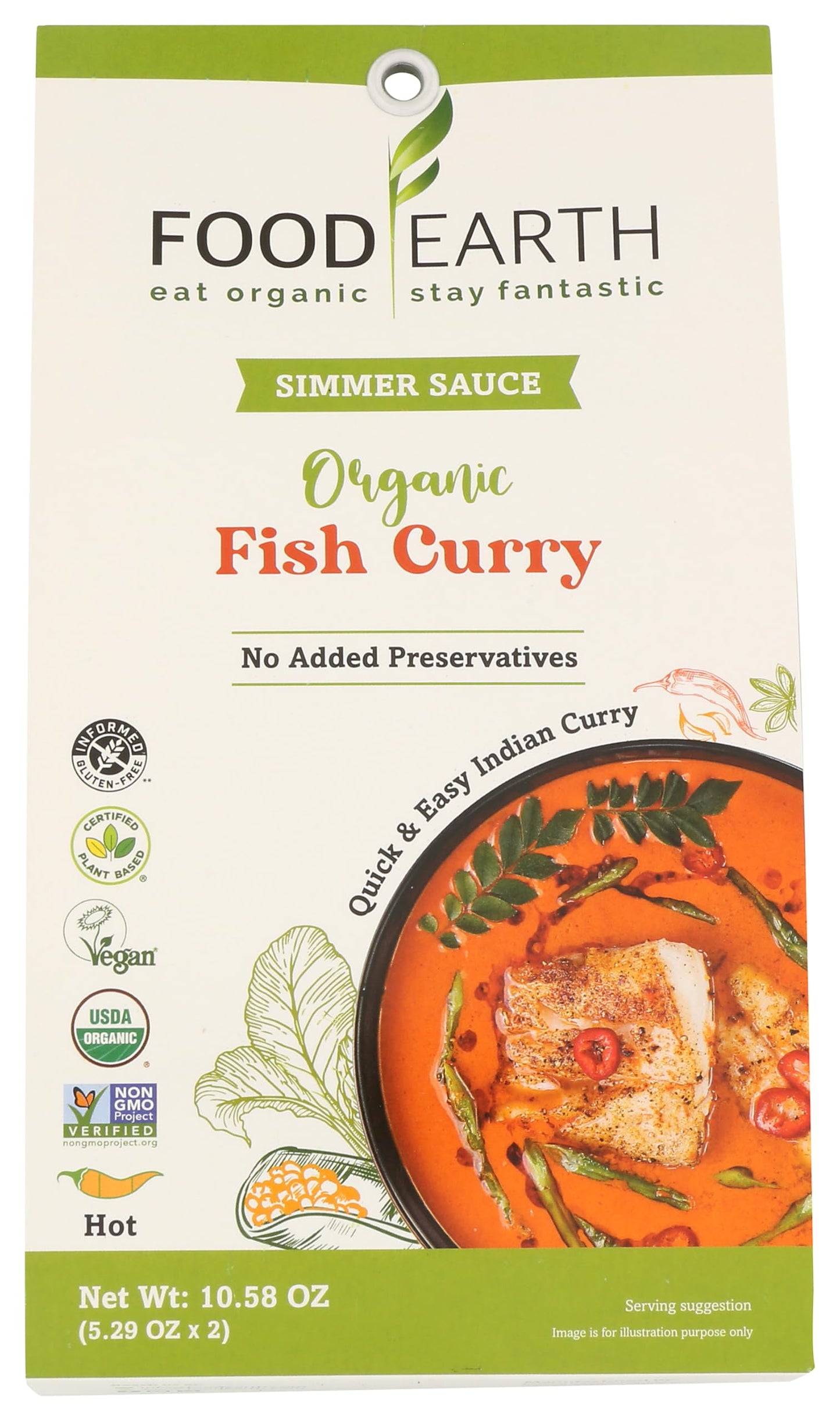 Food Earth Indian Simmer Sauce - Fish Curry - Organic, Vegan, Gluten-Free, GMO-Free - Microwavable Cooking Sauce - 12 Pouches (5
