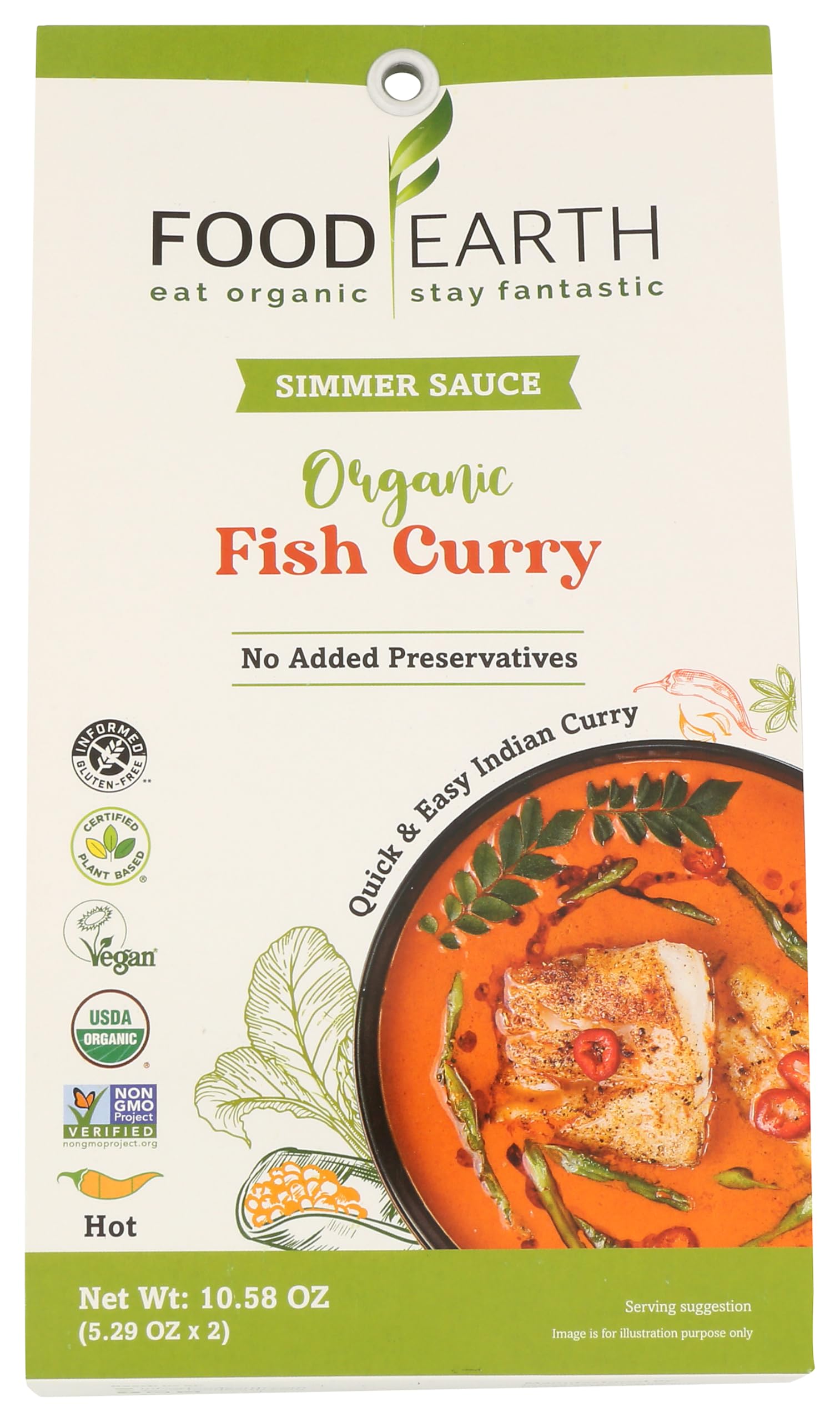 Food Earth Indian Simmer Sauce - Fish Curry - Organic, Vegan, Gluten-Free, GMO-Free - Microwavable Cooking Sauce - 12 Pouches (5