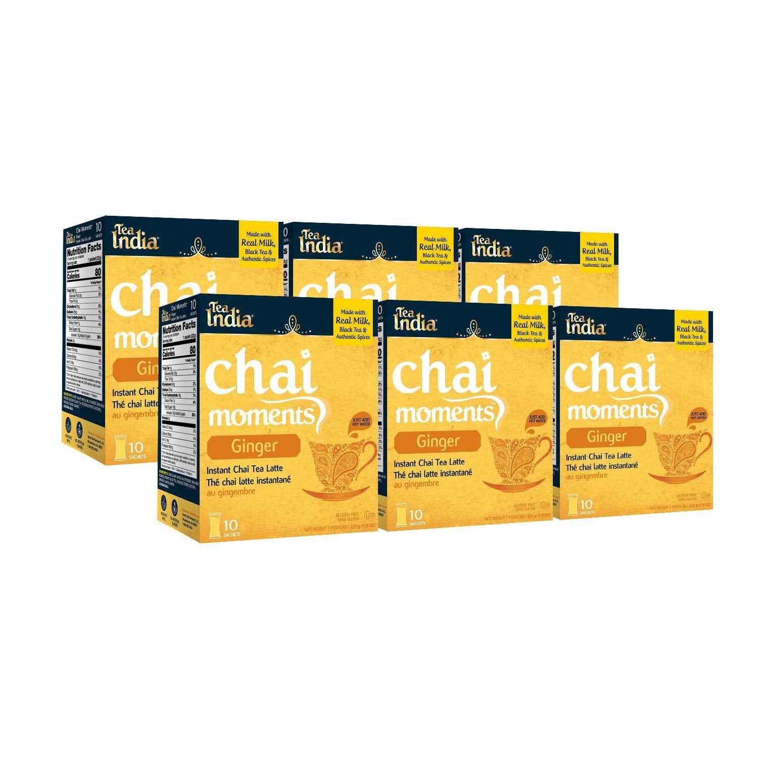 Tea India Ginger Chai Instant Latte Mix - 10 Sachets Pack of 6, Premium Black Tea, Natural Ingredients