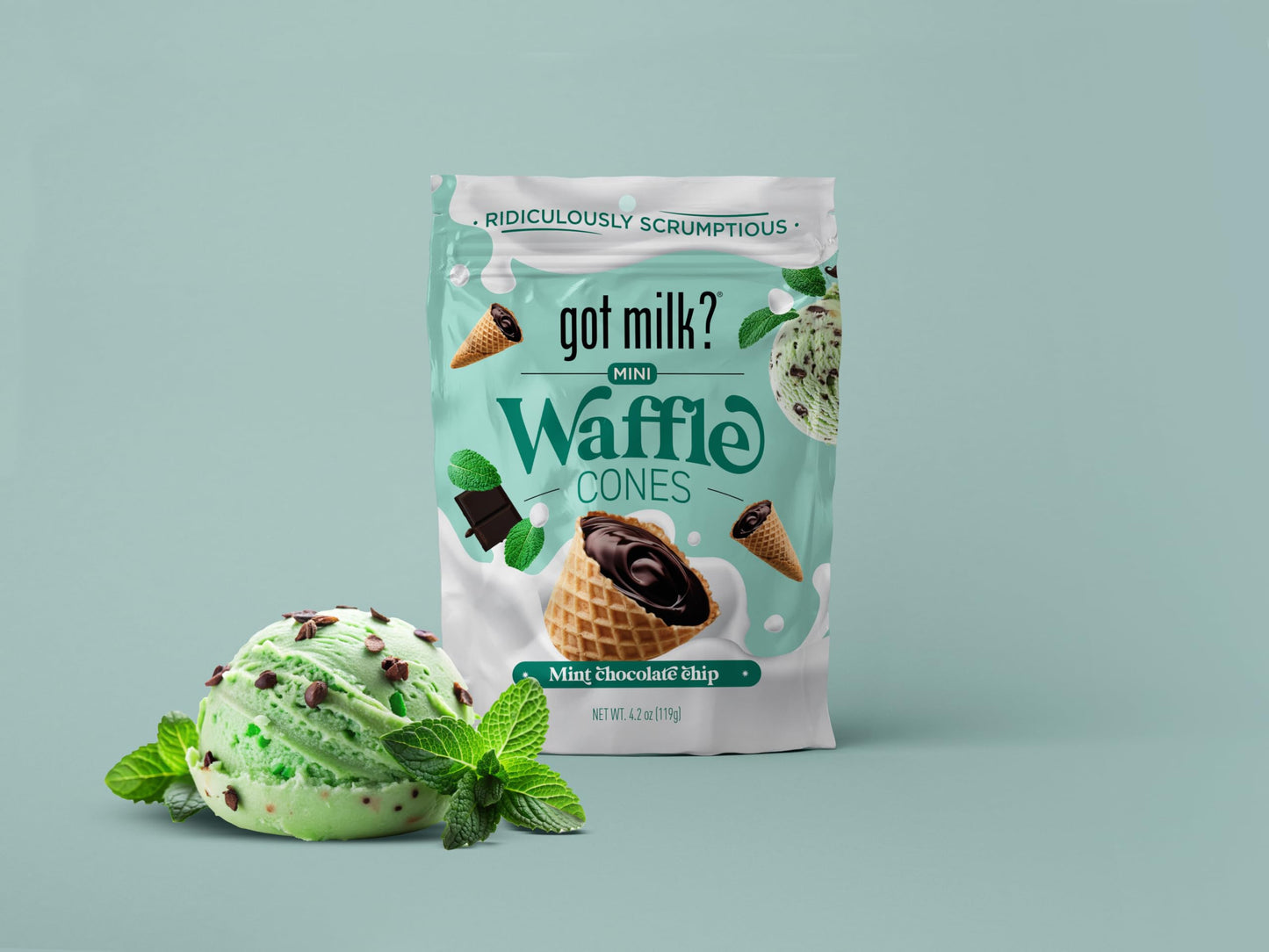 Got Milk Mini Waffle Cones, Mint Chocolate Chip, 4.24 Oz. / 119G Resealable Bag, Delicious Mint Chocolate Filled Waffle Cone Bi