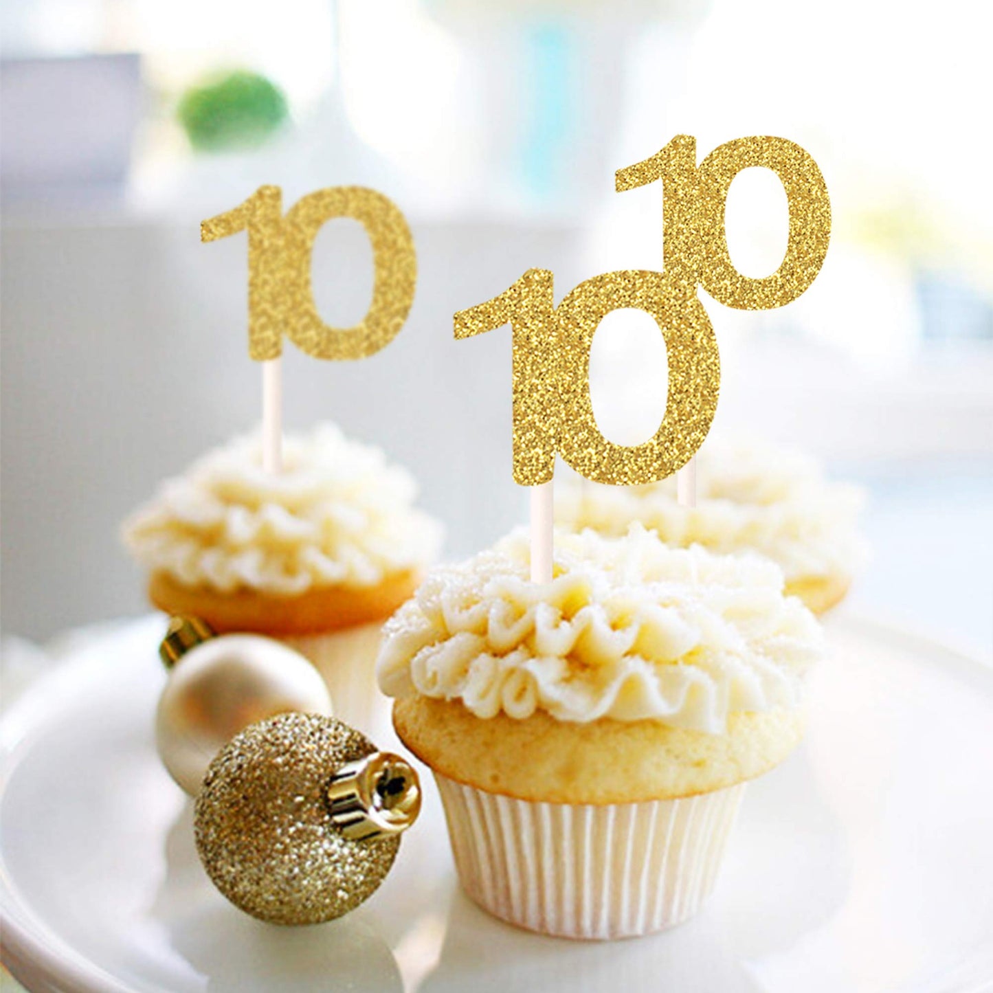 Unimall 24 Pieces Number 10 Cupcake Toppers, Gold Glitter 10Th Birthday Cupcake Picks Mini Cake Decorations For 10 Years Old Bir