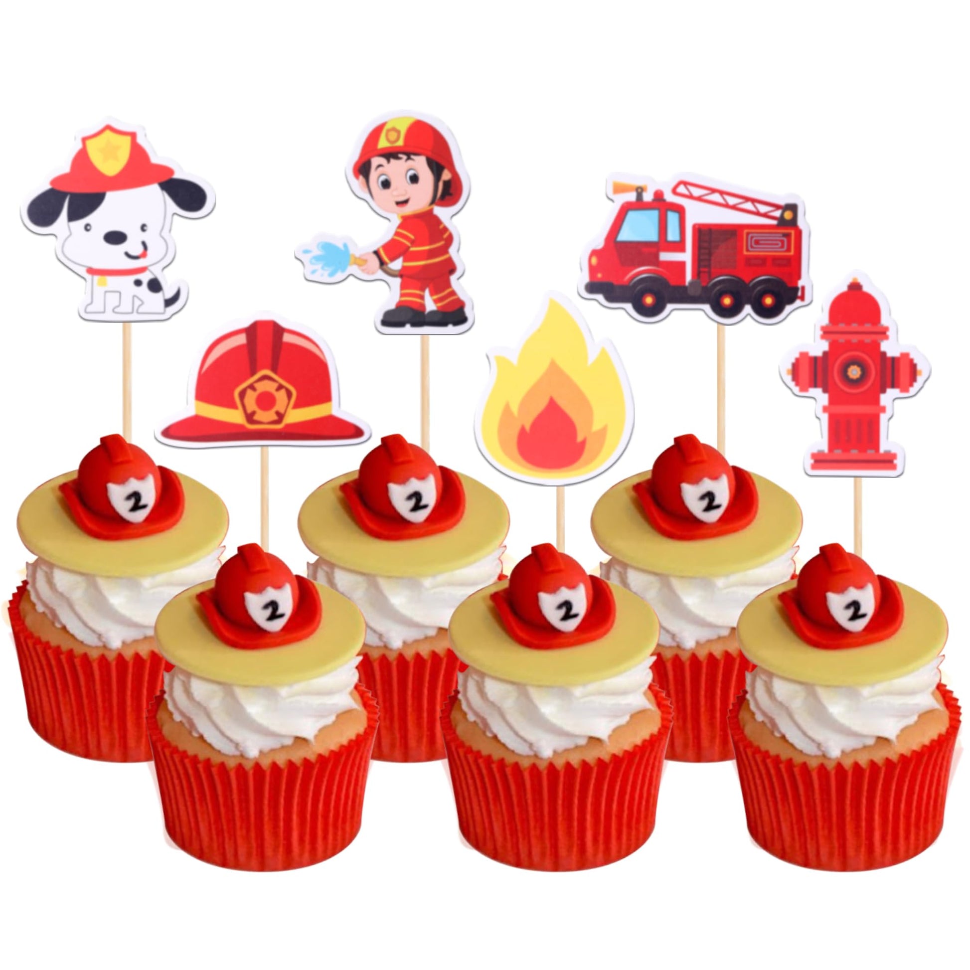 ZHUOWEISM Fire Truck Cupcake Toppers, 30 PCS, Bamboo, Design 3, Small, Fire Department Theme, Baby Shower Birthday Party Decorations