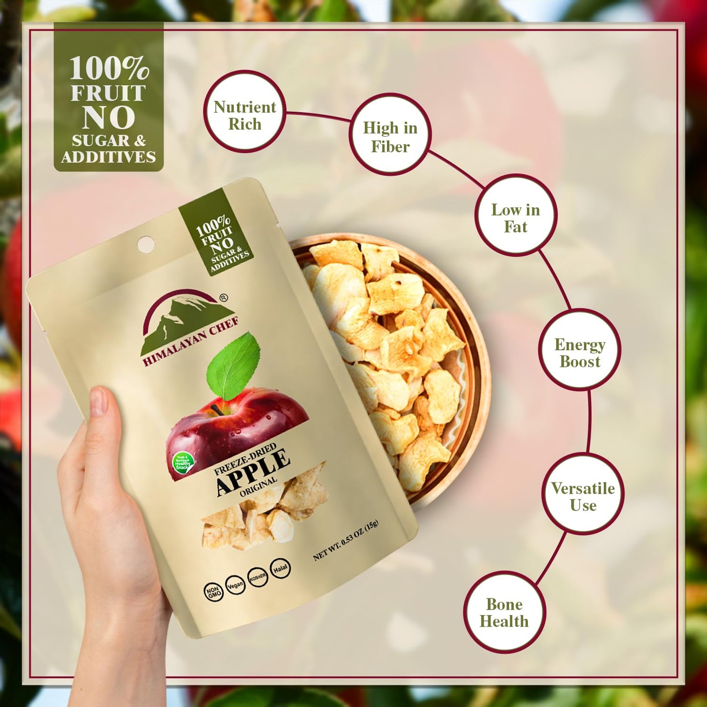 Himalayan Chef Freeze-Dried Fruit - 15G Freeze-Dried Apple, Healthy Organic Fruits Snacks For Kids & Adults | Baby Snacks, Glute