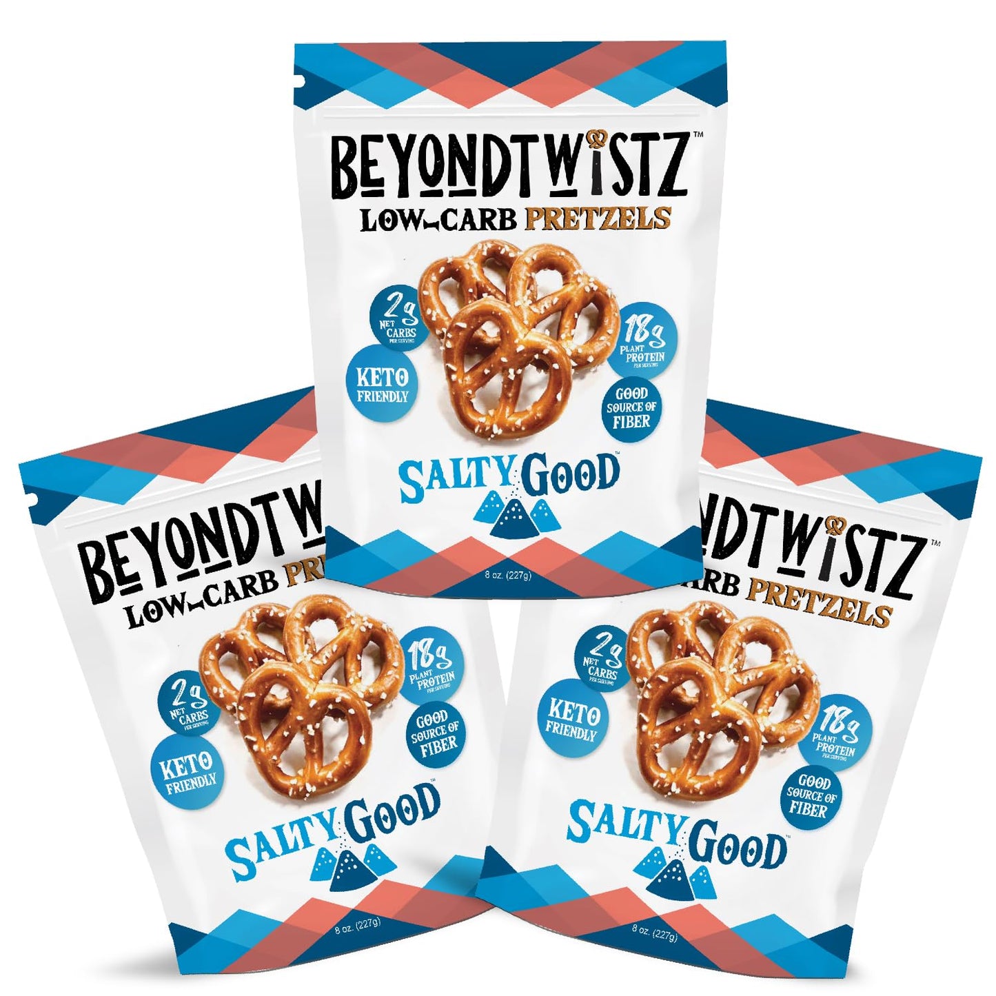 BeyondChipz Low Carb Pretzels, Keto Friendly, 2g Net Carbs, 18g Protein, 8oz Bag, Pack of 3