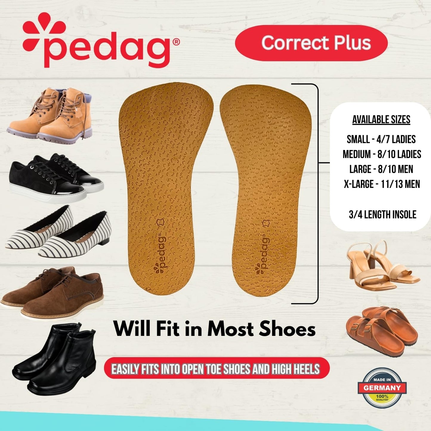 Pedag Correct Plus  German Handmade 3/4 Length Wedge For Oversupinators  Vegetable Tanned Leather Top Rubber Orthotic Footbed  1