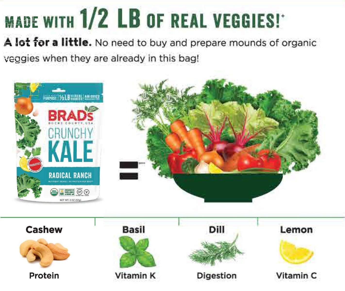 Brads Plant Based Organic Crunchy Kale, Radical Ranch, 12 Bags, 24 Servings Total