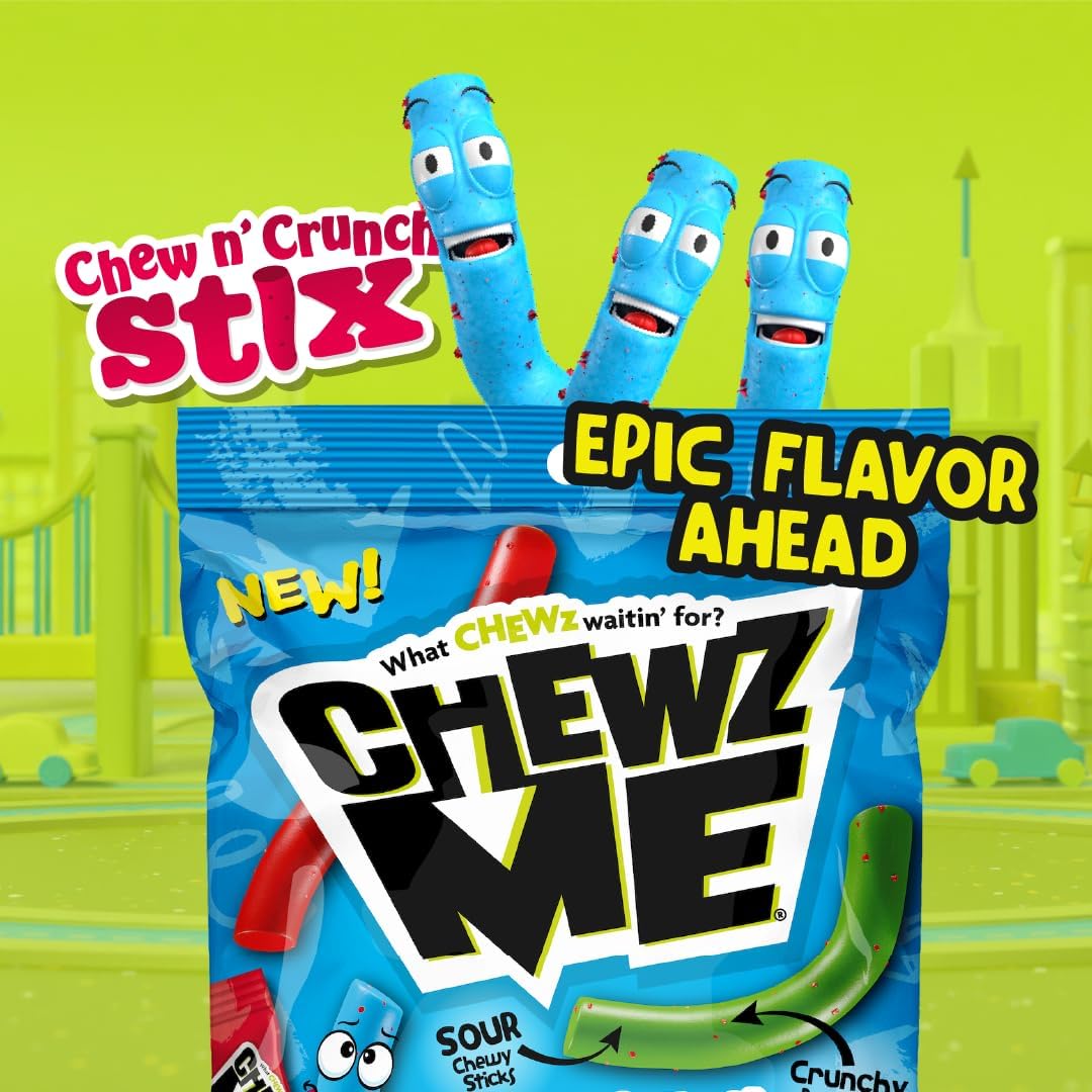 Chewzme Chew N' Crunch Stix -Tangy Chewy Candy Straws Coated W/Crunchy Pieces - Individually Wrapped,Assorted Flavors, 10.6 Ounc