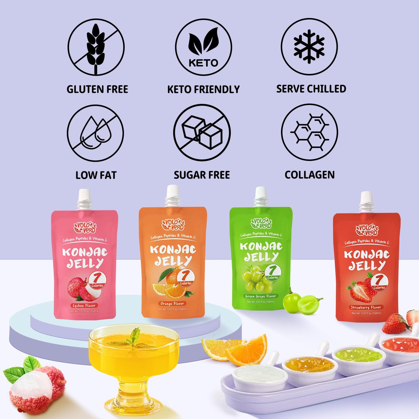 VOLO VERO Konjac Jelly Pouch Drinkable Variety Pack, 7 Calories, 10 Pack, 0 Sugar, Gluten Free, Keto, Collagen Peptides Healthy