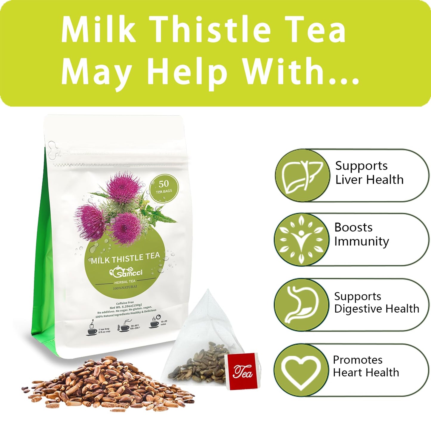SAMCCI Milk Thistle Tea Bags - 50 Count, 100% Natural, Caffeine Free, Non-GMO, No Additives, No Sugar, Herbal Tea