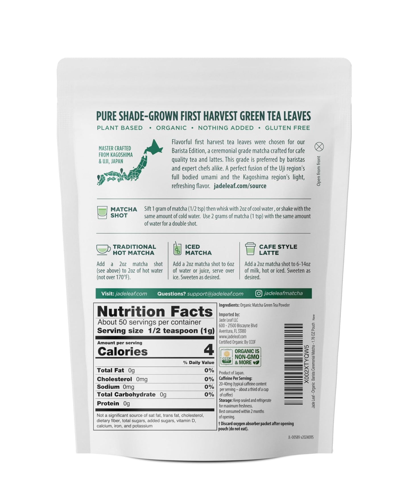 Jade Leaf Matcha Organic Ceremonial Grade Green Tea Powder - Barista Edition, 1.76 Ounce, Powder, Authentic Japanese Origin