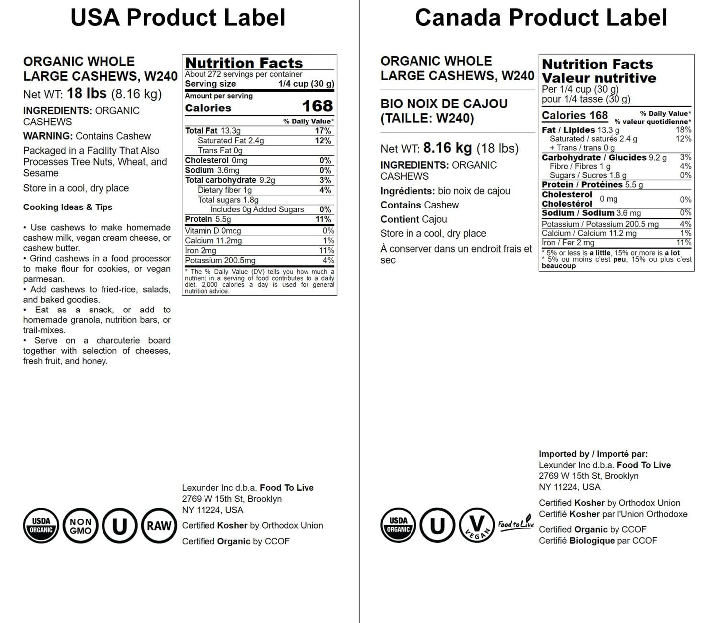 Food To Live Organic Cashews, 18 Pounds - Whole, Size W-240, Unsalted, Non-Gmo, Kosher, Raw, Vegan, Bulk
