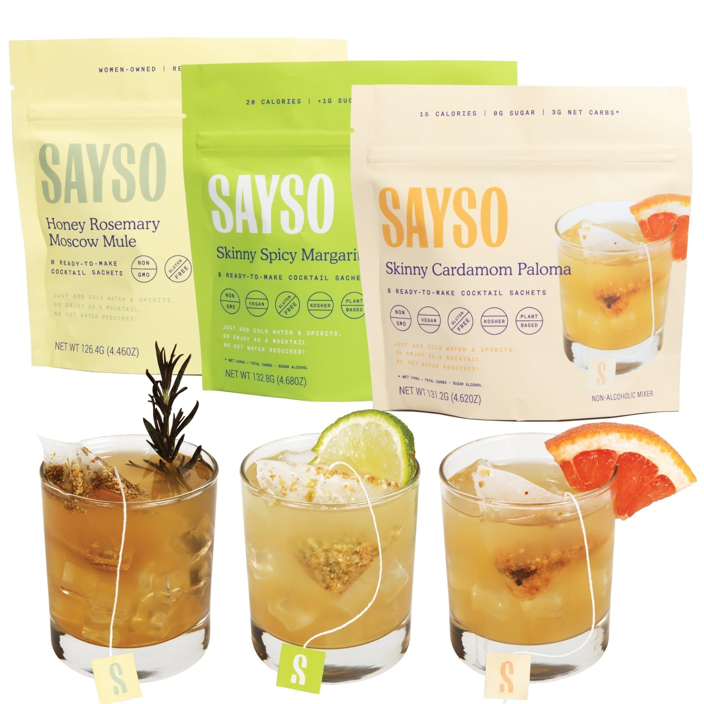 SAYSO Cocktail Tea Bags - Skinny Spicy Margarita, Honey Rosemary Mule & Cardamom Paloma - 24 Count (Pack of 3) - Organic Ingredients