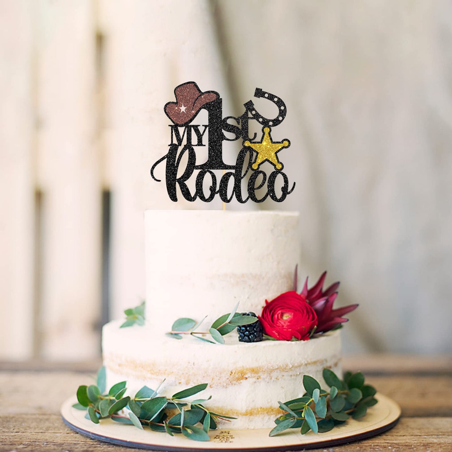 Halodete My 1St Rodeo Cake Topper, Western 1St Birthday Cake Topper, Little Cowboy Cowgirl Birthday Party Cake Decorations Black