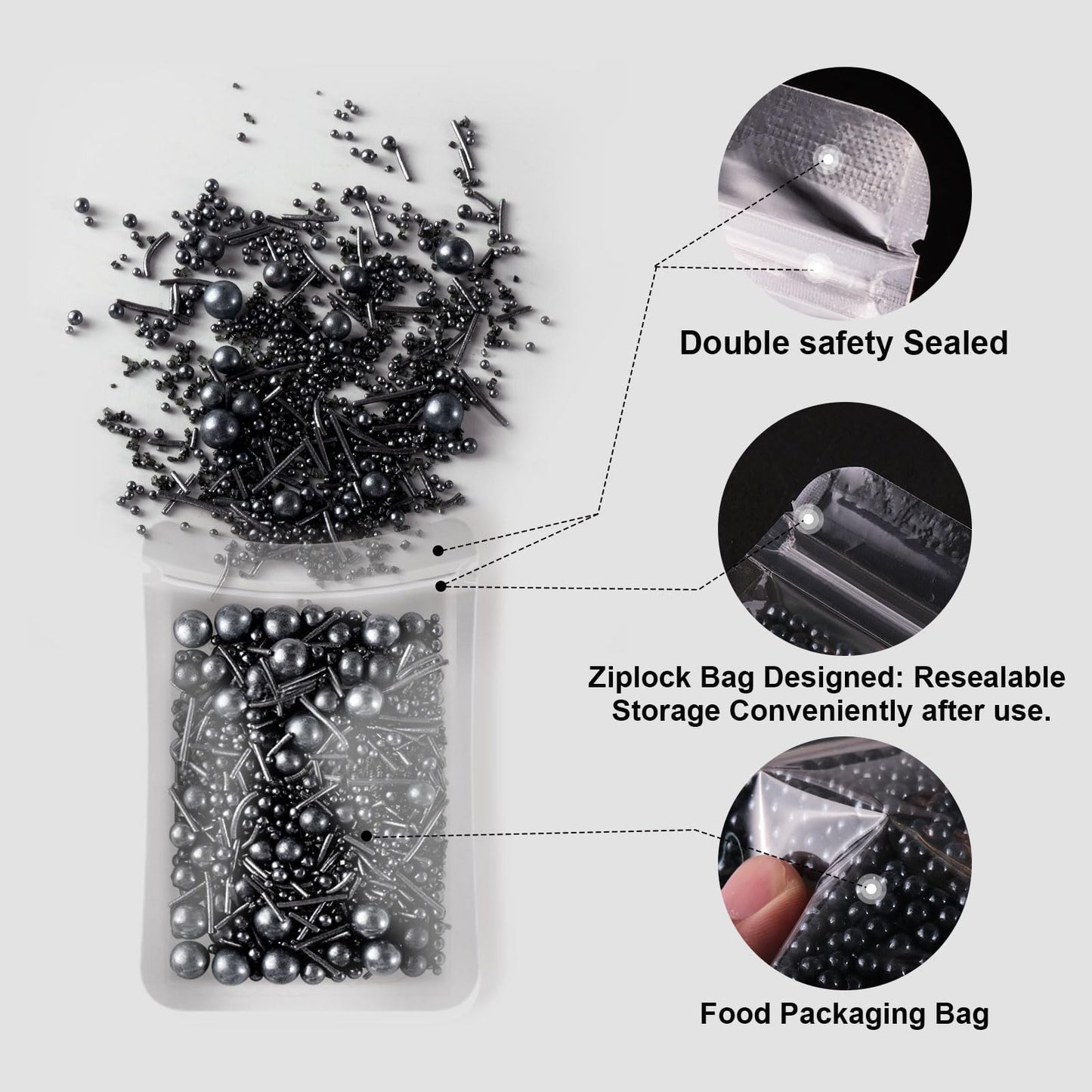 HUEBEATY 6-in-1 Black Edible Cake Pearls Sprinkles for Cake Cookies Decorating and Baking | 180g/6.36oz | Black Sanding Sugar fo