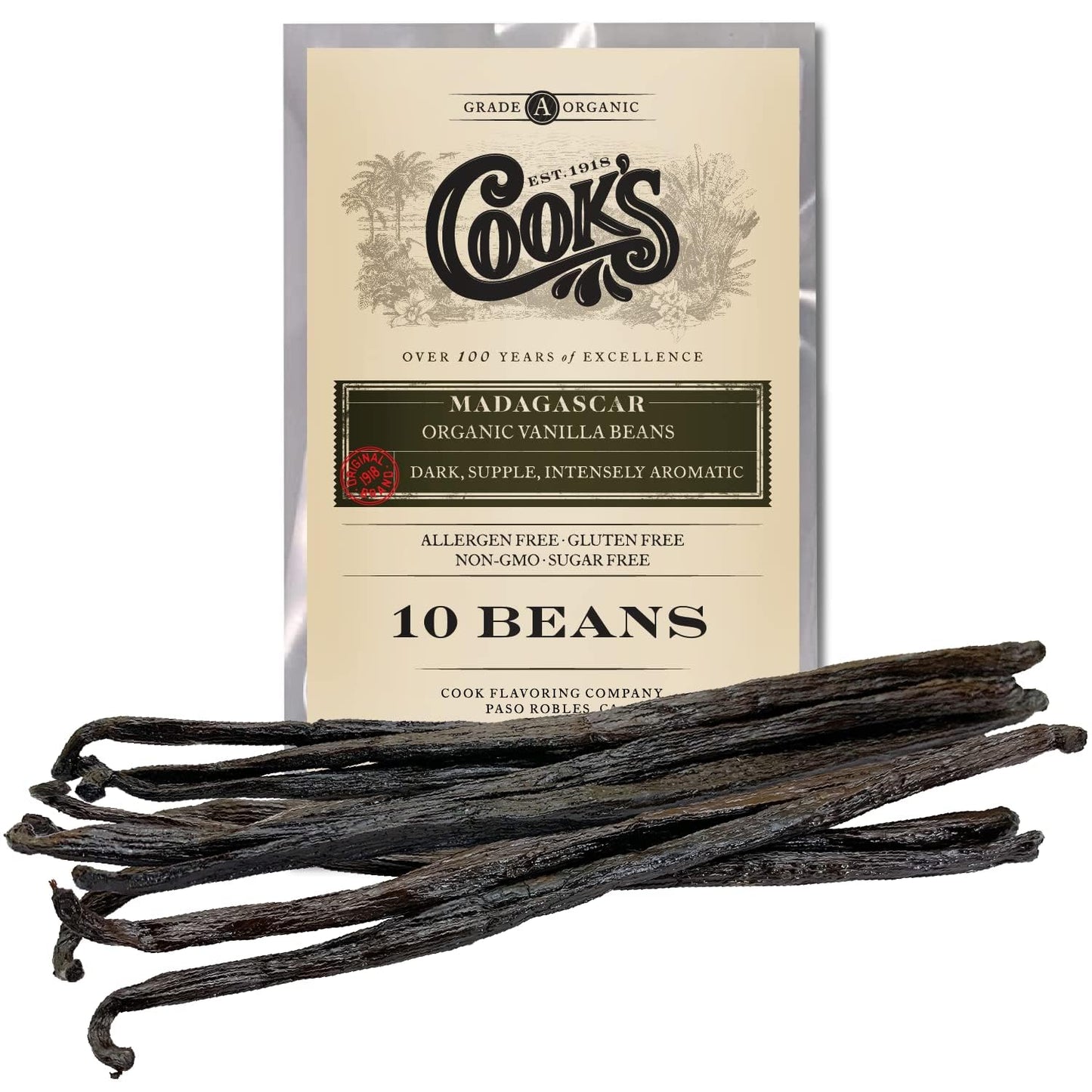 COOKS Organic Madagascar Vanilla Beans - Grade A Pods for Extract & Baking, 10 Count