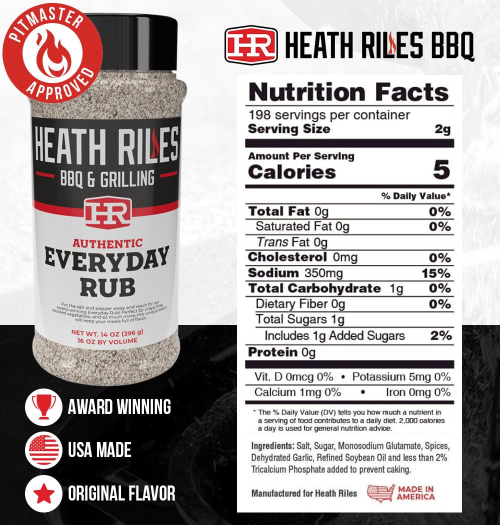 Heath Riles BBQ All-Purpose Rub Seasoning, Champion Pitmaster Recipe, 14 oz Shaker Bottle