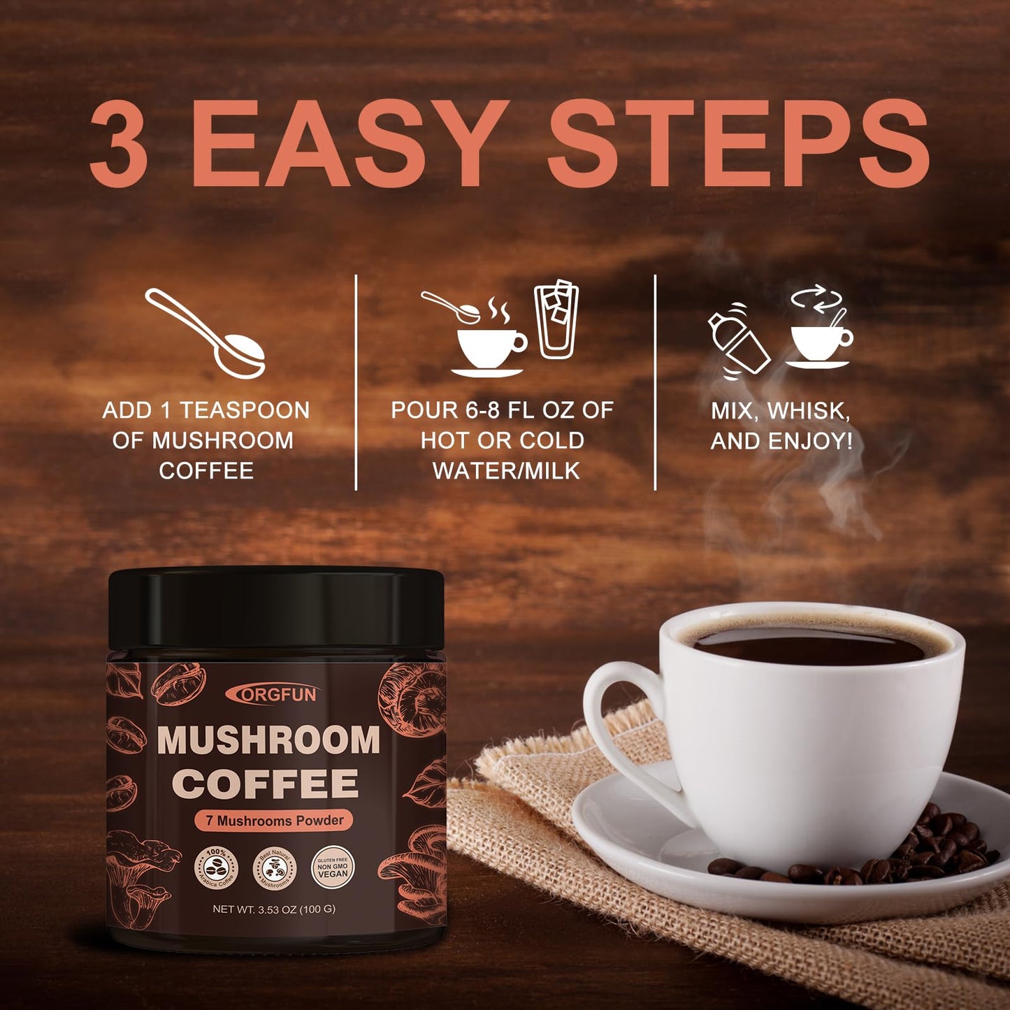 Orgfun Premium Mushroom Coffee With 7 Superfood Mushrooms, Great Tasting Arabica Instant Coffee, Includes Chaga, Lion'S Mane, Re