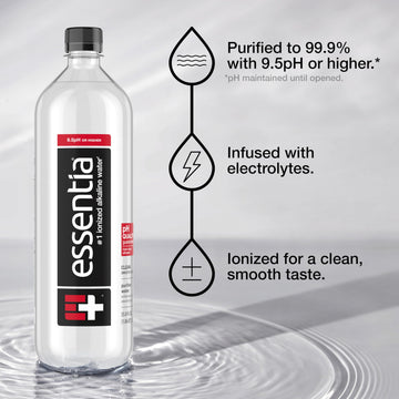 Essentia Bottled Water, 1 Liter, Pack Of 6 Bottles; 99.9% Pure, Infused With Electrolytes For A Smooth Taste, Ph 9.5 Or Higher;