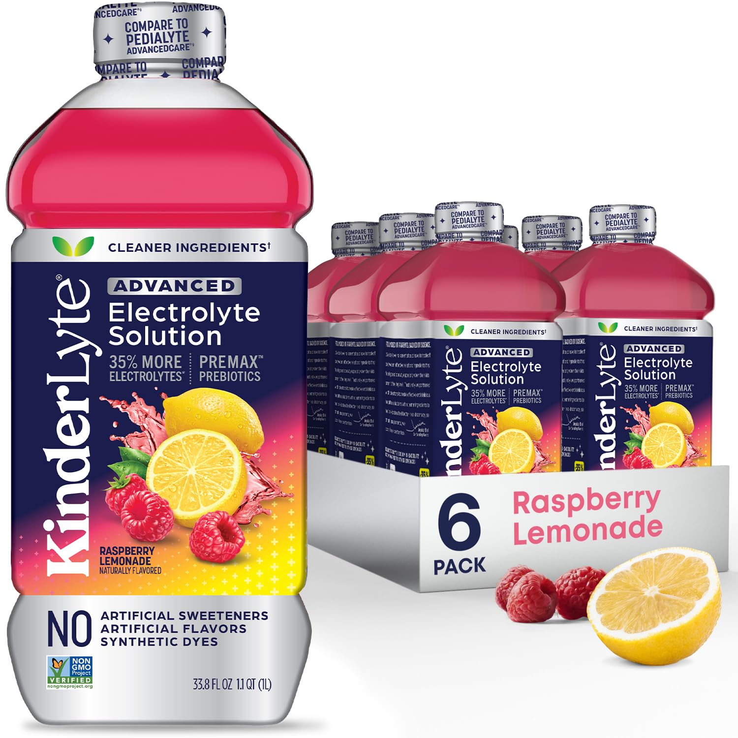 Kinderlyte Advanced Electrolyte Solution, 2X Faster Hydration Vs. Water Alone, No Artificial Sweeteners Or Flavors, No Synthetic Dyes, Raspberry Lemonade, For Kids And Mature-Themeds, 33.8 Fl Oz (Pack Of 6)