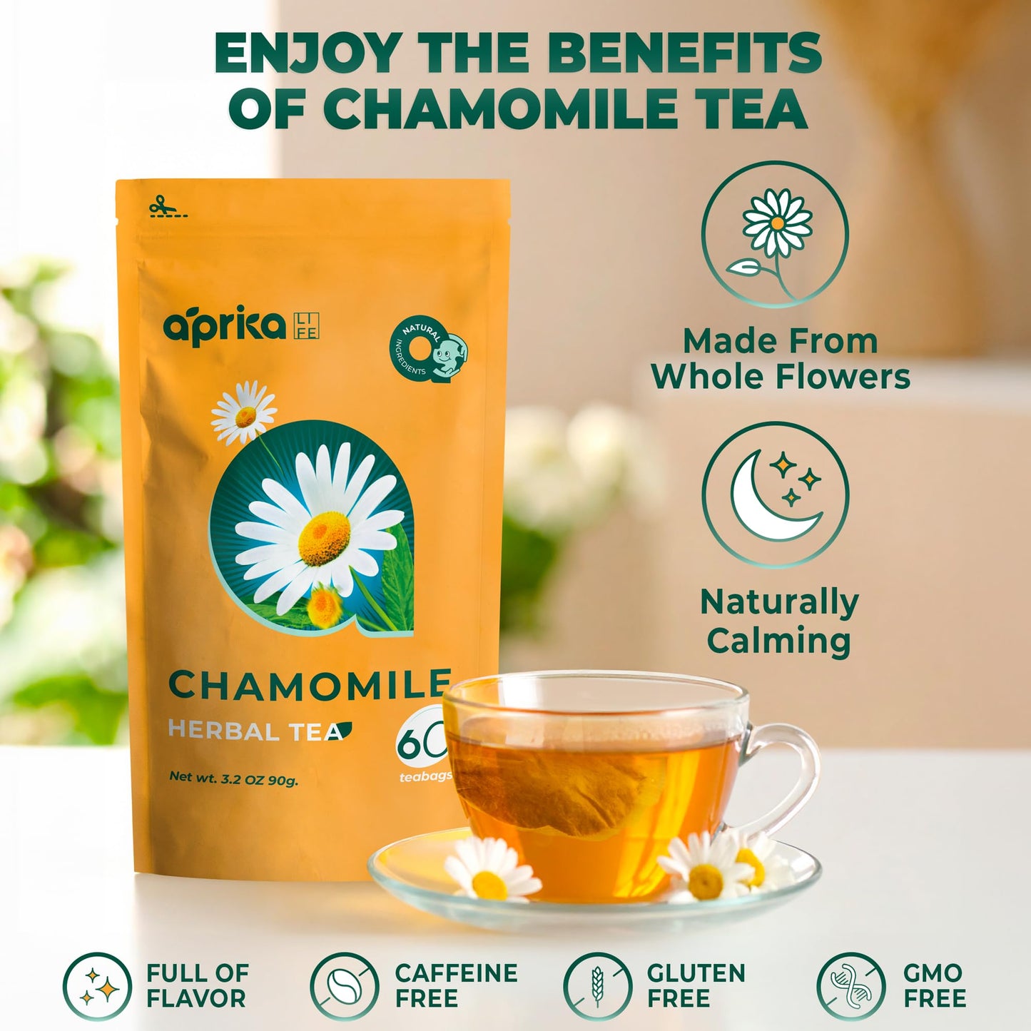 Aprika Life Chamomile Tea Bags - 100% Pure Flowers, Caffeine Free, 60 Count