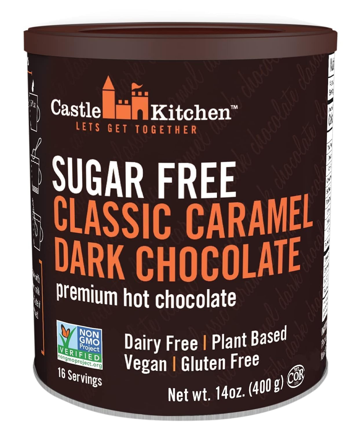 Castle Kitchen Sugar Free Caramel Dark Hot Chocolate - Top-Grade Plant Based  Dairy Free  Gluten-Free  Vegan Hot Coca Mix - Just Add Water - 14 Oz Can