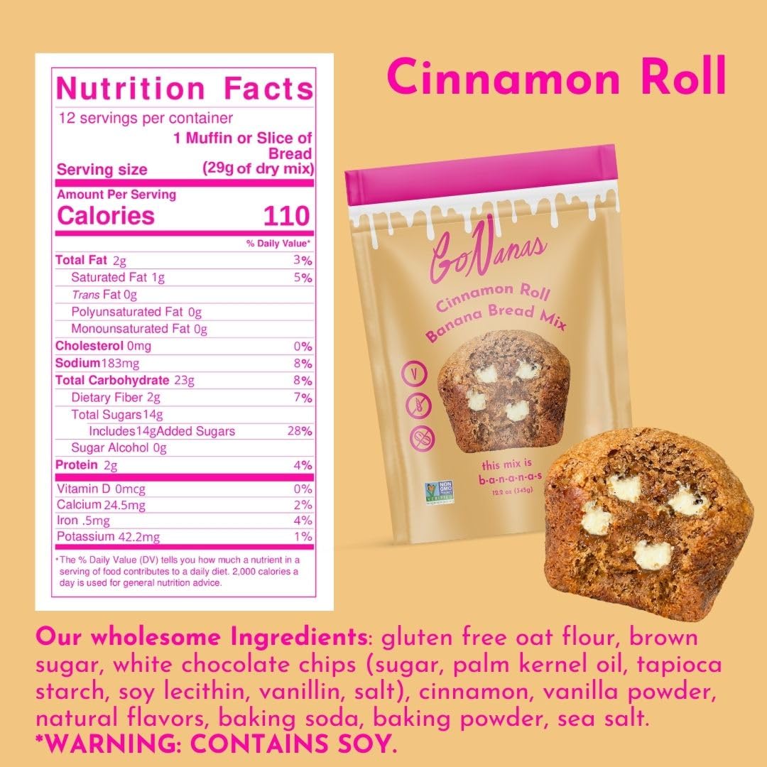 Gonanas Cinnamon Roll Banana Bread Mix, Vegan, Gluten Free Healthy Snacks. Oat Flour Bread Or Muffin Mix. Women Owned, Us Ingredients, Dairy Free, Nut Free, Delicious Snacks (3 Pack)