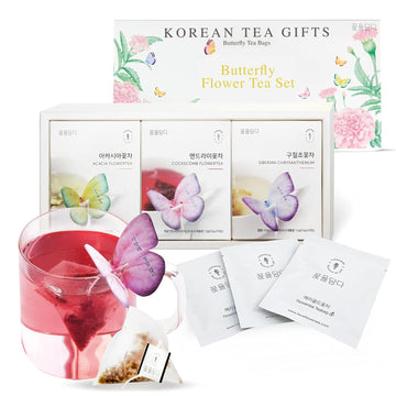 Kkokdam Tea Korean Gifts - Butterfly Tea Bags, Pink Tea Variety Pack - Tea Bag Sampler, Unique Tea Gifts, Fancy Tea Bags, Korean
