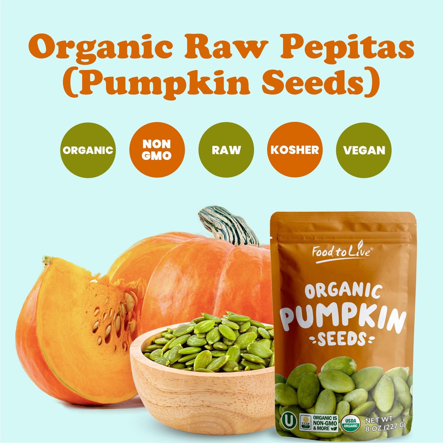 Food to Live Organic Raw Pepitas, 12 Ounces - Non-GMO, Pumpkin Seed Kernels, Unsalted, No Oil, No Shell, Vegan, Kosher, Bulk. Ke