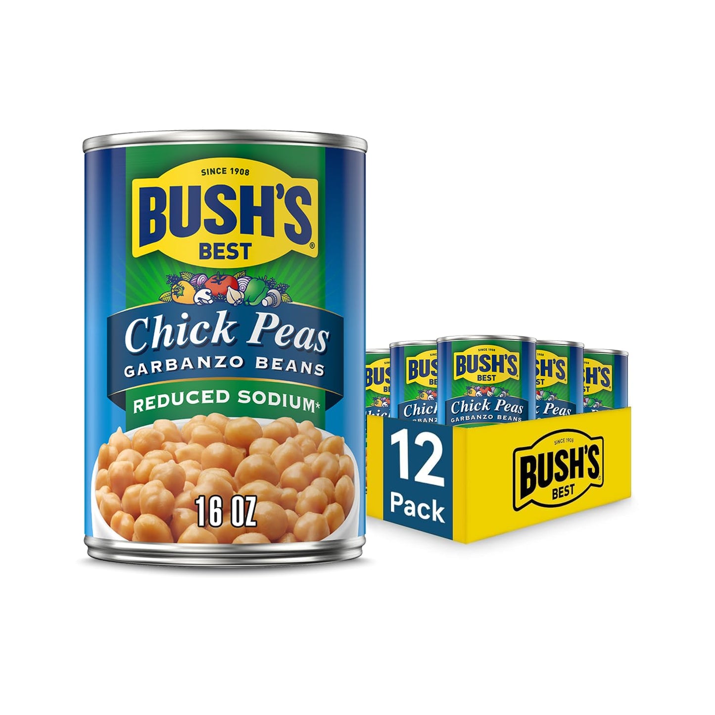 BUSH S BEST 16 oz Canned Reduced Sodium Garbanzo Beans, Source of Plant Based Protein and Fiber, Low Fat, Gluten Free, (Pack of