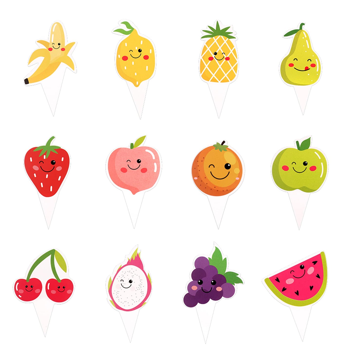 Cyodoos 24Pcs Tutti Fruity Fruit Cupcake Toppers - Tropical Summers Kids Happy Birthday Cake Toppers - Watermelon, Lemon, Strawb