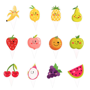 Cyodoos 24Pcs Tutti Fruity Fruit Cupcake Toppers - Tropical Summers Kids Happy Birthday Cake Toppers - Watermelon, Lemon, Strawb