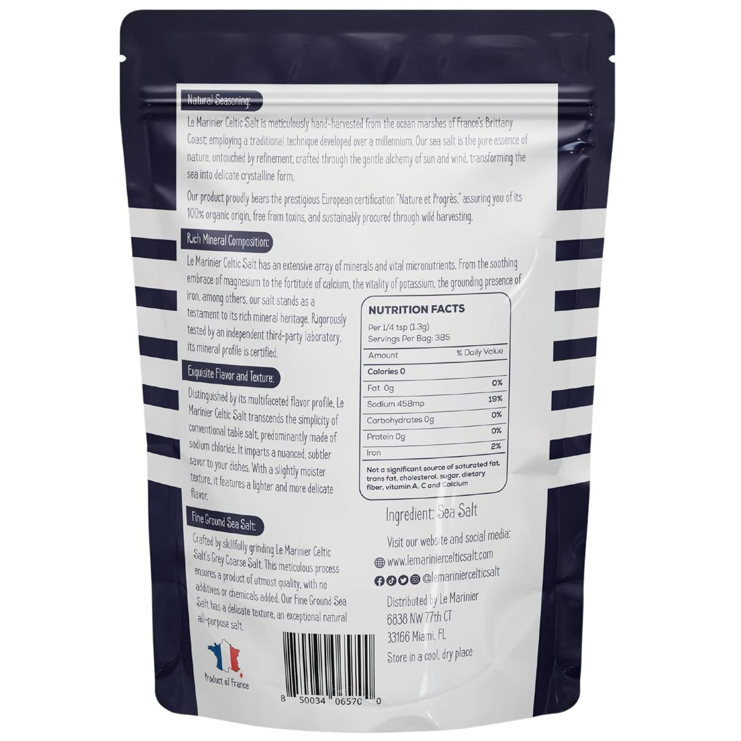 Le Marinier French Sea Salt Fine Ground Sea Salt, 1.1lb - 18oz, Pack of 2. Mineral Rich Unrefined French Sea Salt 100% Natural,