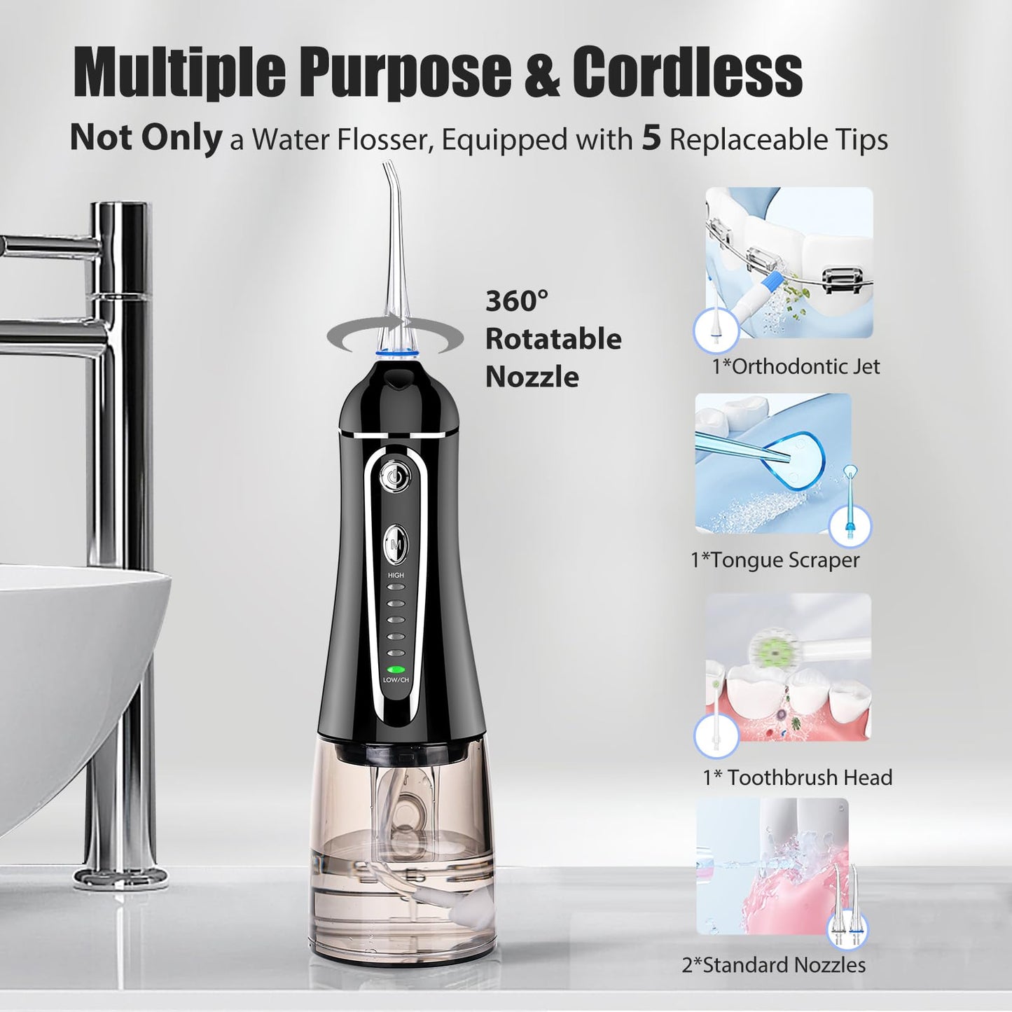 Cordless Water Dental Flosser For Teeth Rechargeable - Fzcok 7 Clean Settings Oral Irrigator For Braces Adults Teeth Cleaning Po