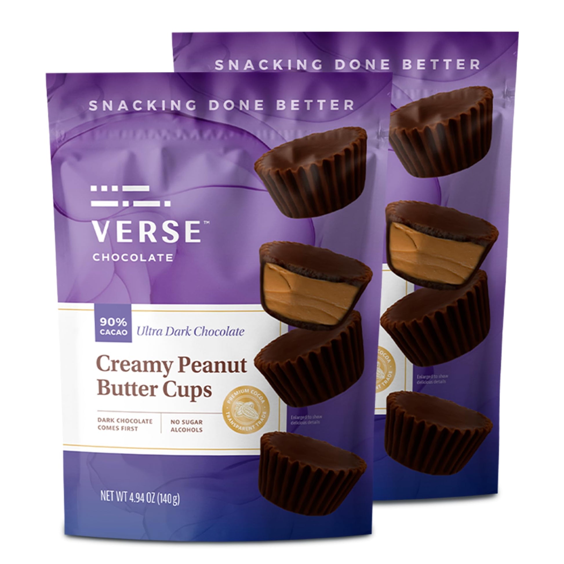 Verse Chocolate Peanut Butter Cups (2 Pack) - 90% Dark Chocolate Candy W/ 3G Fiber  7G Sugar  150 Calories - Creamy Peanut Butter Cups - The Perfect Valentines Day Gift