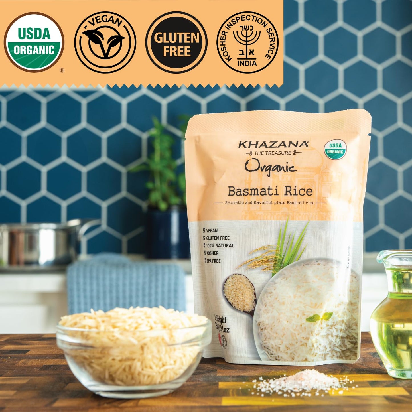 Khazana Organic Basmati Rice - Ready To Heat (1-Pack, 8.8Oz) - Authentic, Aromatic & Flavorful Indian Grain - Non-Gmo, Vegan, Gl