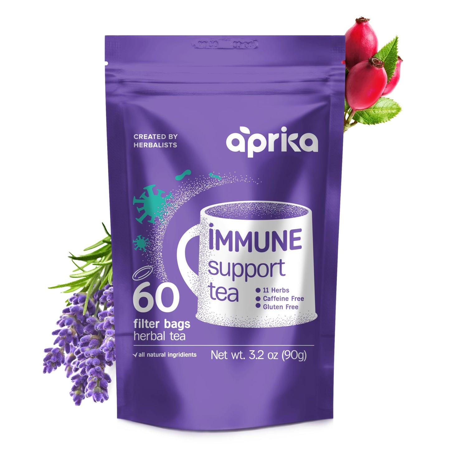 Aprika Life Immune Support Tea - 60 Bags, Rich in Vitamins & Antioxidants, with Lemon Balm, Peppermint, Rose Hips, Chamomile, Lavender, Lemongrass