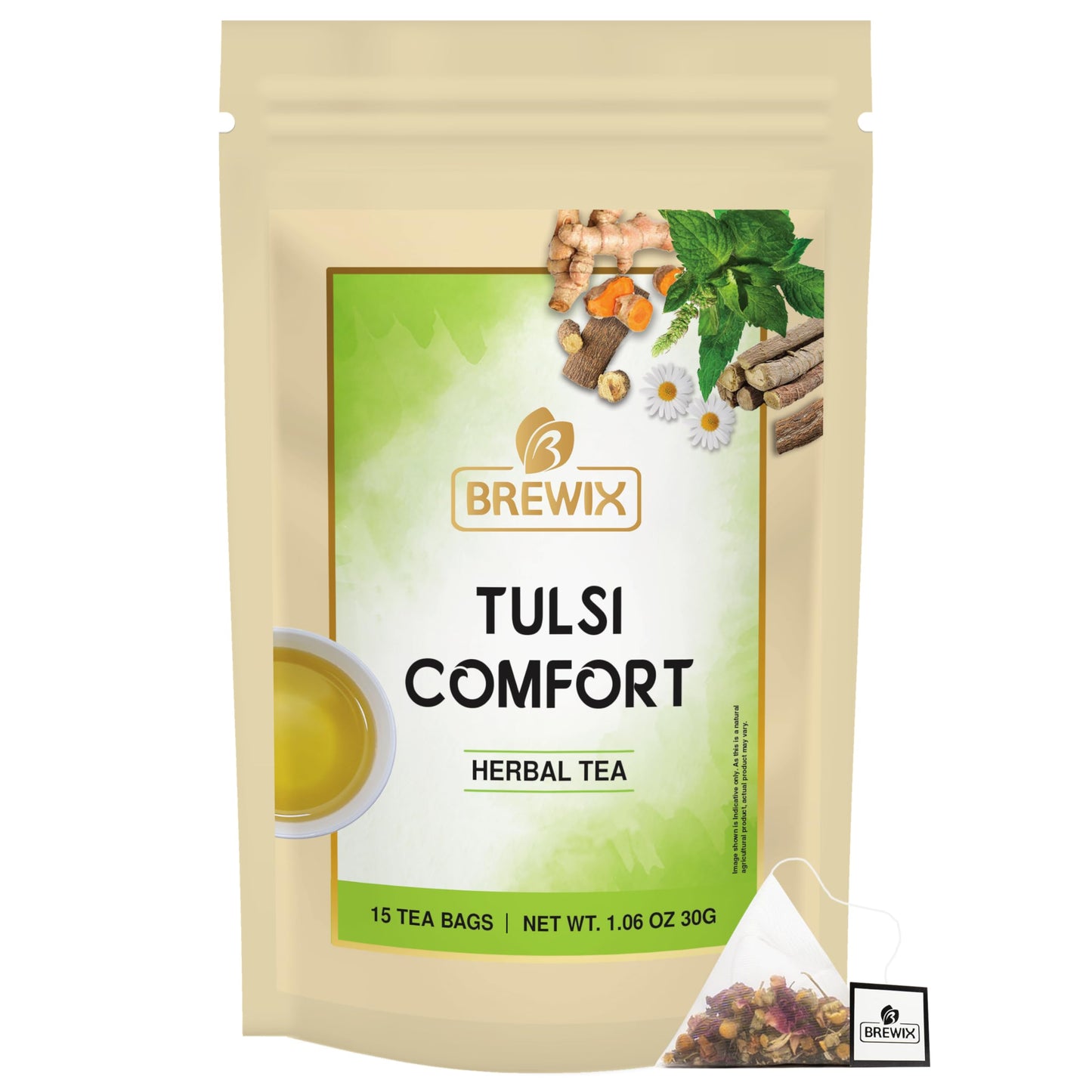 BREWIX Holy Basil Tea Bags, Caffeine Free Herbal Tea with Tulsi and Chamomile, 15 Pyramid Tea Bags, 1 Count
