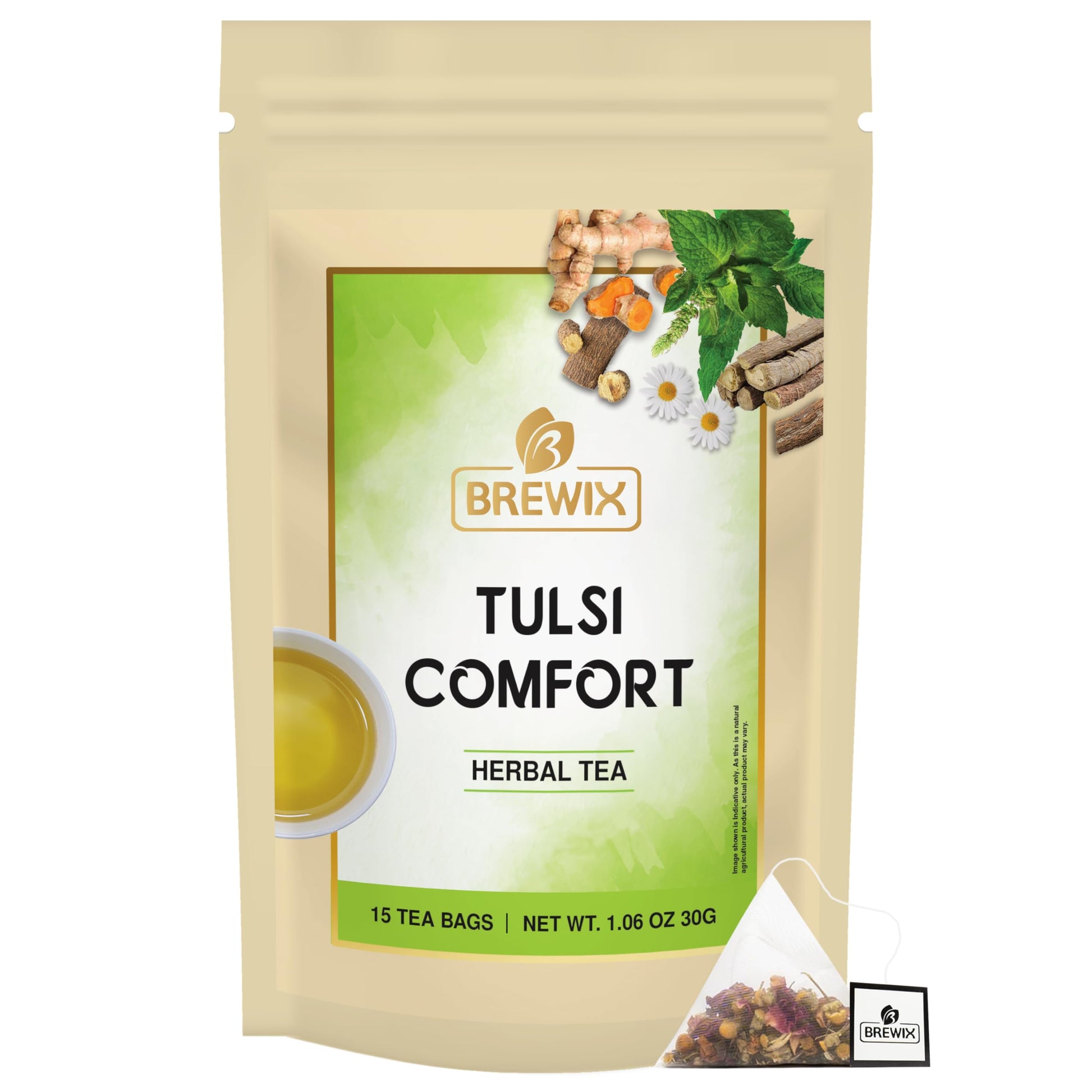 BREWIX Holy Basil Tea Bags, Caffeine Free Herbal Tea with Tulsi and Chamomile, 15 Pyramid Tea Bags, 1 Count
