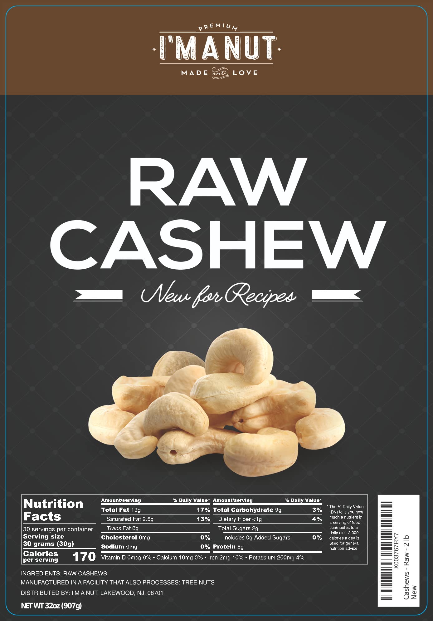 Raw Whole Unsalted Cashews 32 Oz (2 Lb) 100% Natural | No Chemicals | Batch Tested Gluten & Peanut Free | Non-Gmo | Keto And Pal