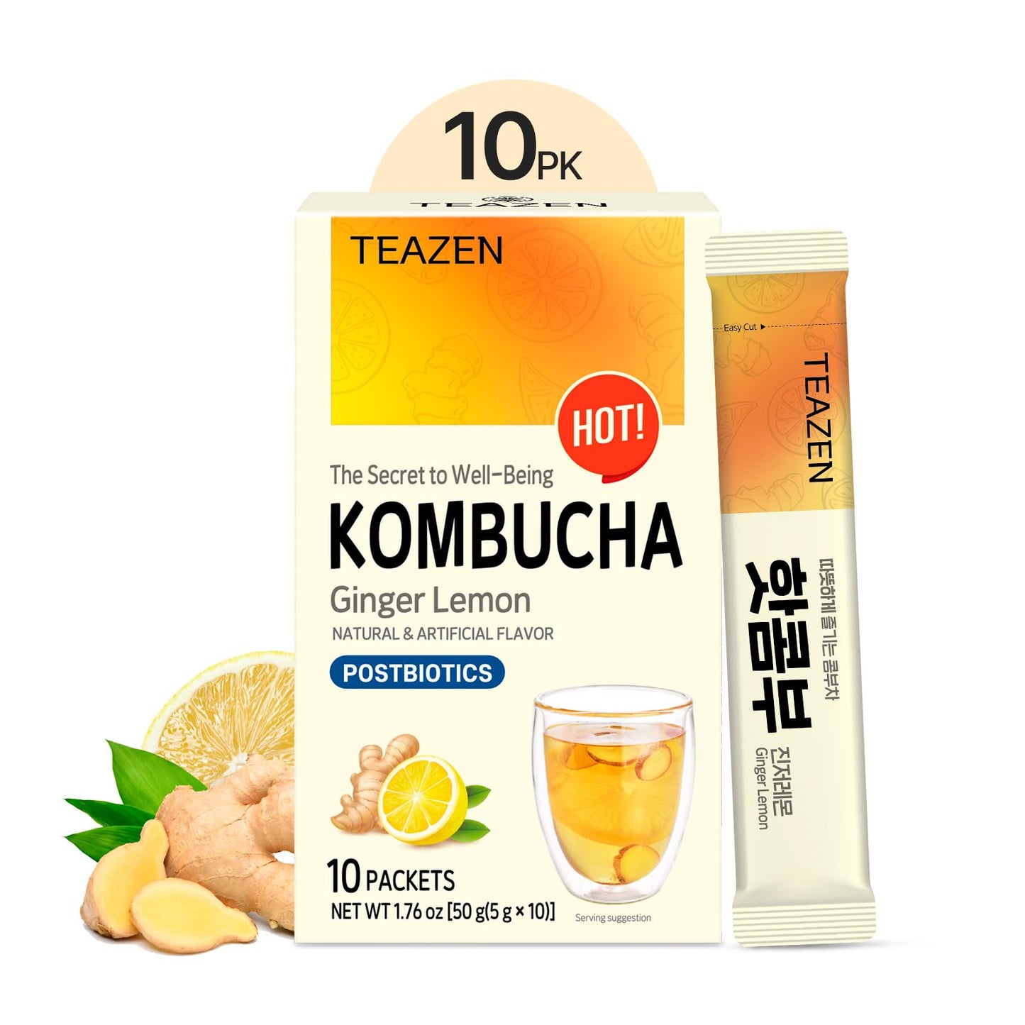 TEAZEN Lemon Ginger Kombucha Tea, Probiotics & Postbiotics, Zero Sugar, Low Caffeine, 10 Sticks, 1.76oz