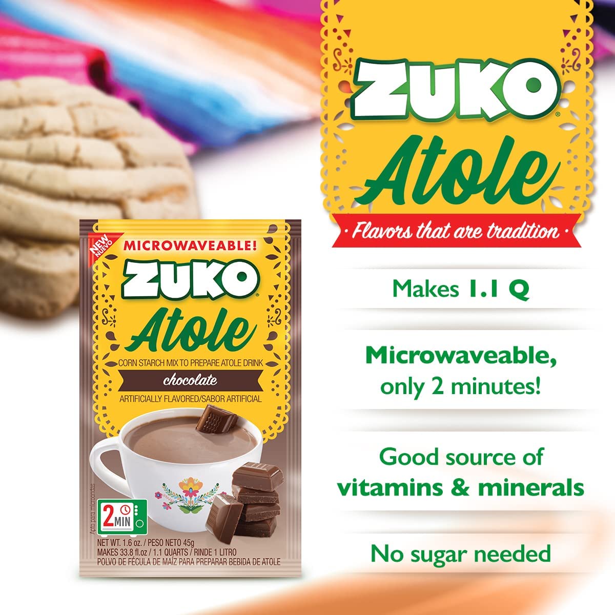 Zuko Atole Chocolate Instant Corn Starch Mix | Fortified With Vitamins | Just Add Hot Water | Microwaveable In Only 2 Minutes |