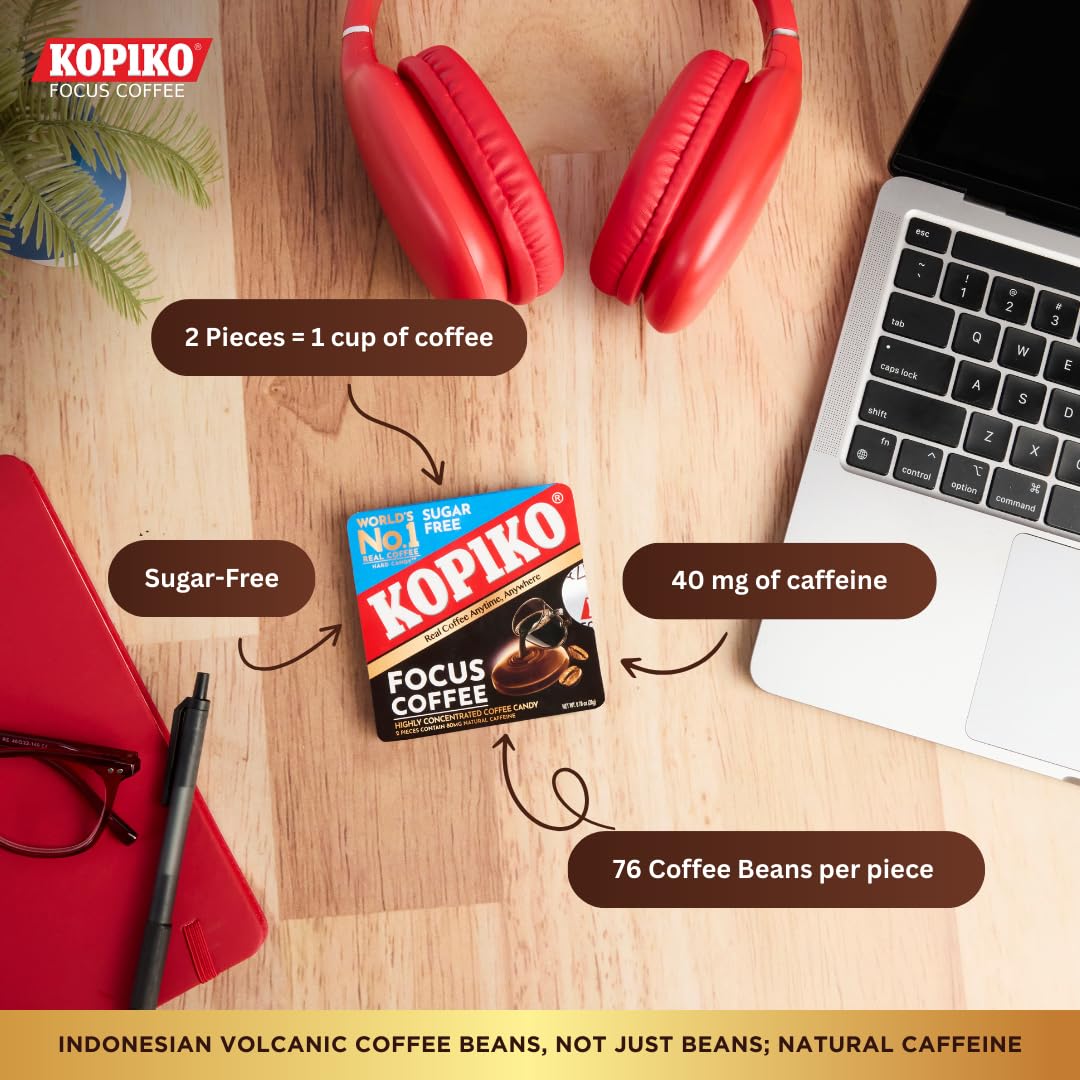Kopiko Focus Coffee Candy - Highly Concentrated Coffee Candy  12 pack box with 4 Focus candies per pack. 2 Candies Equals One Cup of Coffee