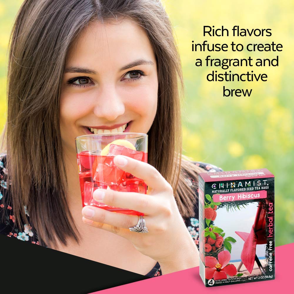 China Mist Iced Tea - Berry Hibiscus Herbal Tea Infusion - Refreshing And Delicious - Each Tea Bag Yields 1/2 Gallon - 4 Bags.
