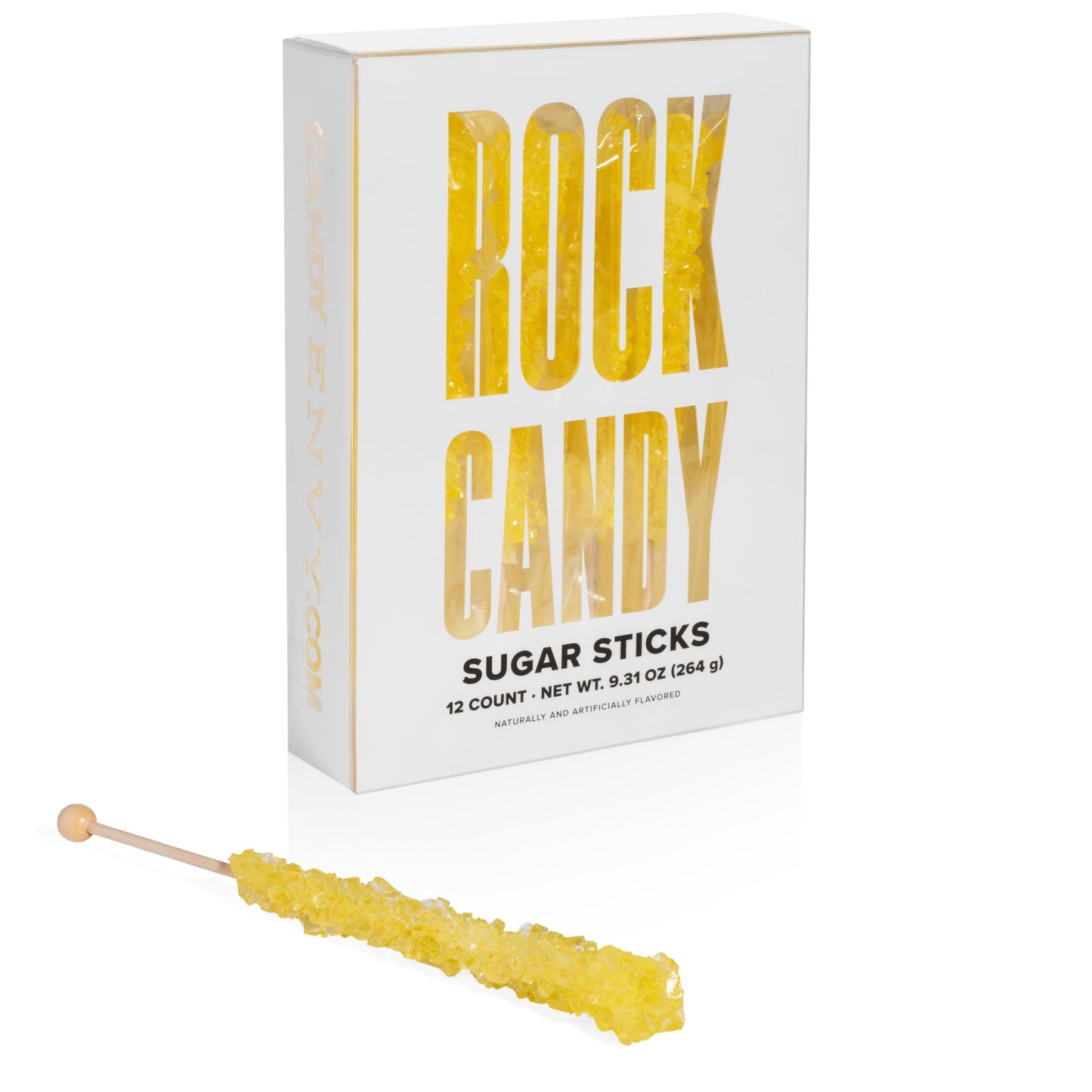 Yellow Rock Candy Crystal Sticks - Lemon Flavored - 12 Indiv. Wrapped