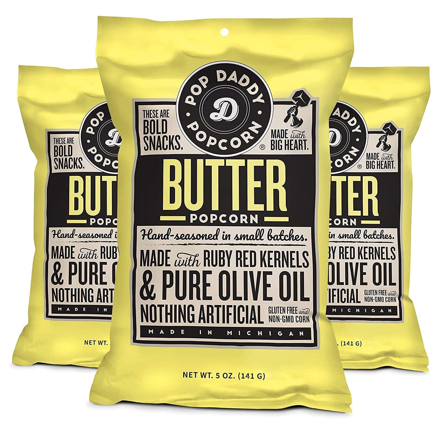 POP DADDY Gourmet Butter Flavor Popcorn, 5oz Individual Bags, Gluten Free, 3 Pack