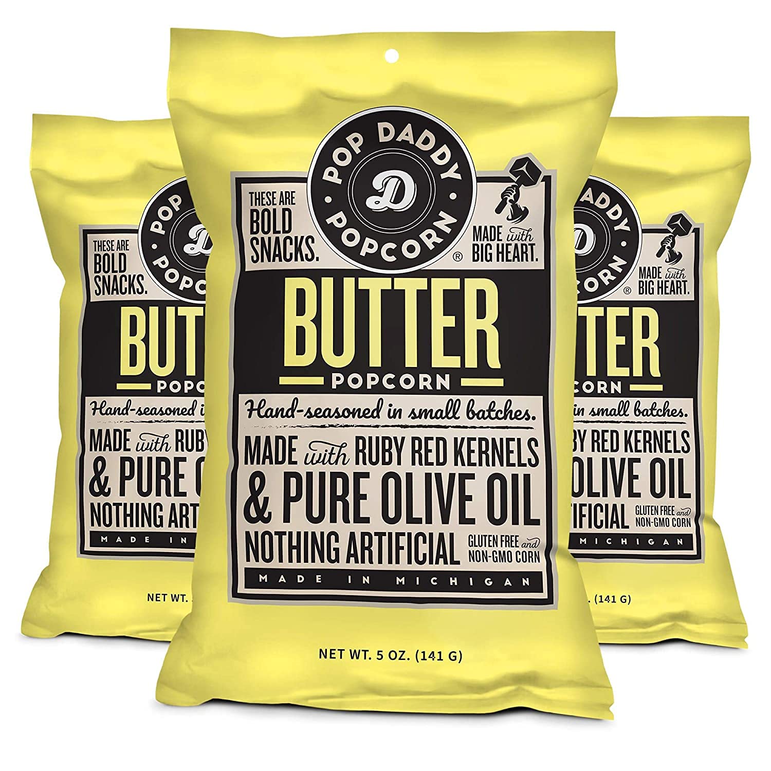 POP DADDY Gourmet Butter Flavor Popcorn, 5oz Individual Bags, Gluten Free, 3 Pack