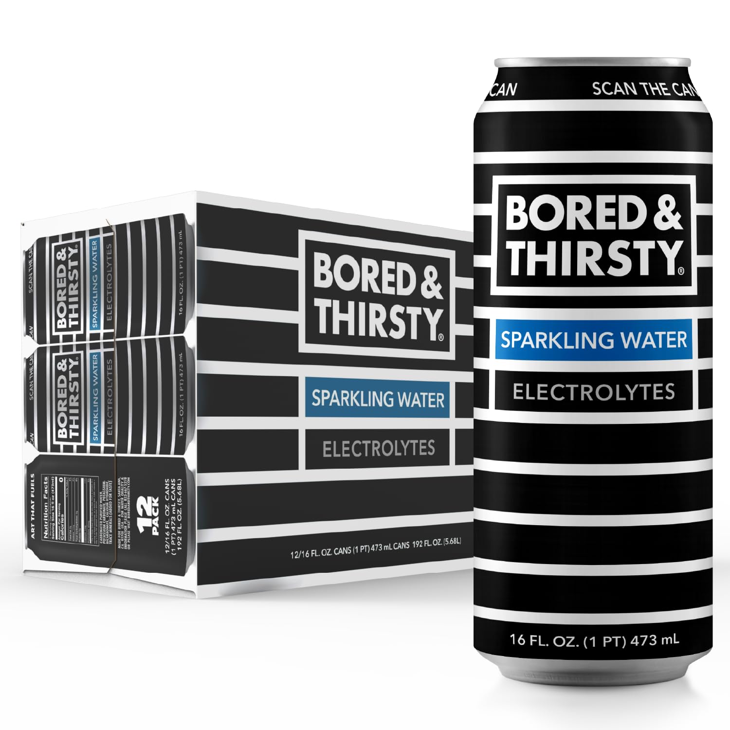 Bored & Thirsty Sparkling Water with Electrolytes, 16 Fl Oz, 12 Pack, 100% Recyclable Aluminum Cans