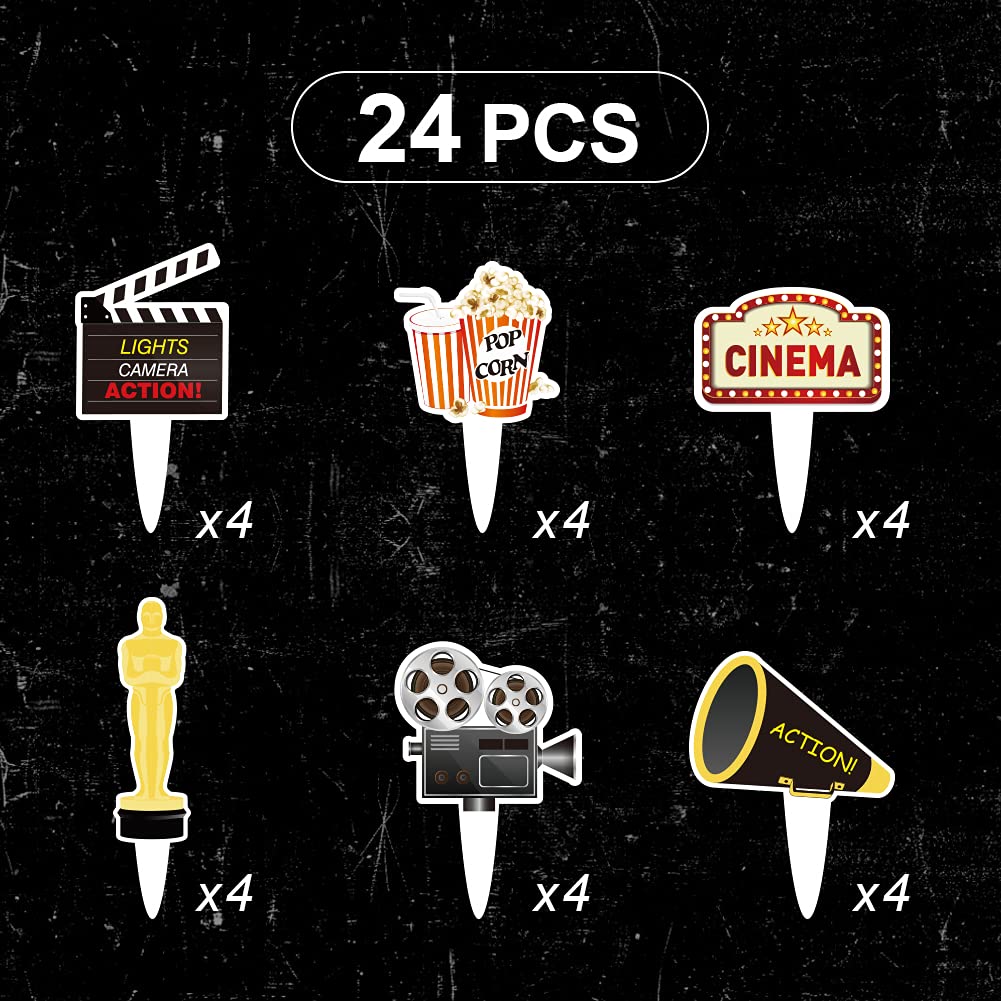 24 Pcs Movie Night Themed Cupcake Toppers For Birthday Party Decorations, Cinema Themed Party Supplies, Cinema Sign